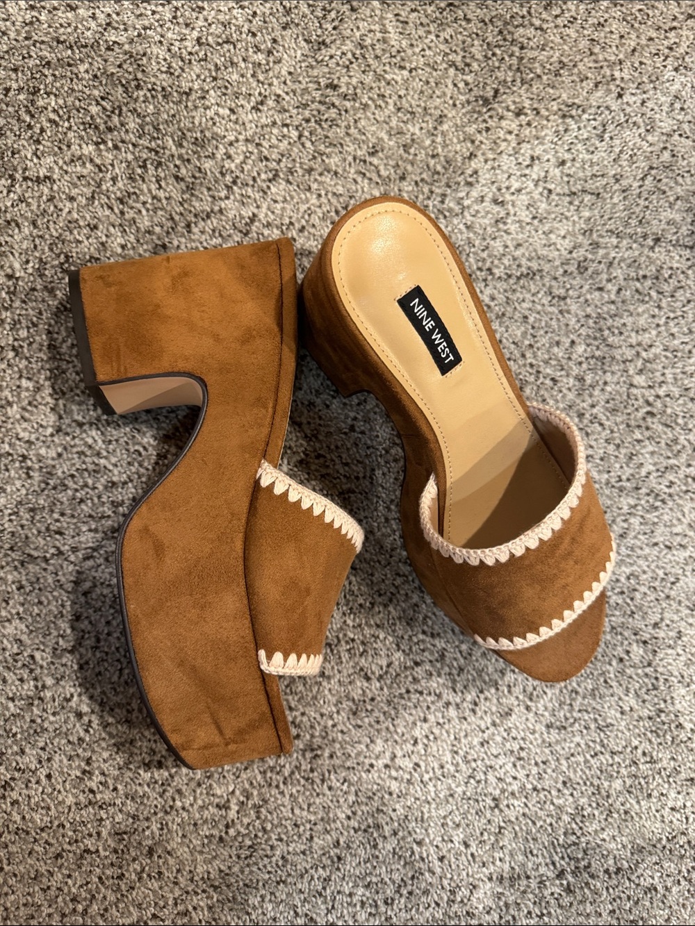 Nine West Brown Suede Platform Mules with Cream Scallop Trim